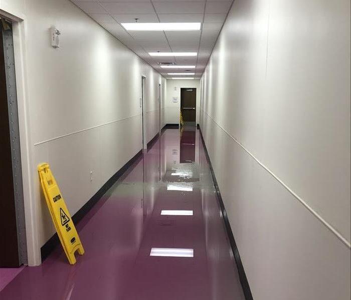 Image shows long hallway with pink water on the floor.