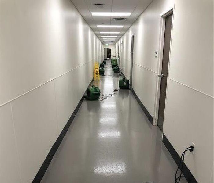 Image shows long hallway with green fans plugged into the walls.