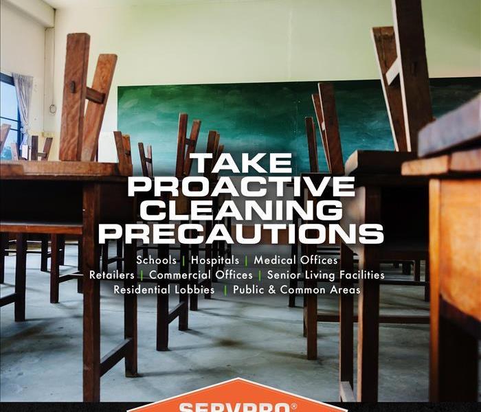 Clip art shows the interior of a classroom with a list of facilities SERVPRO can help clean.
